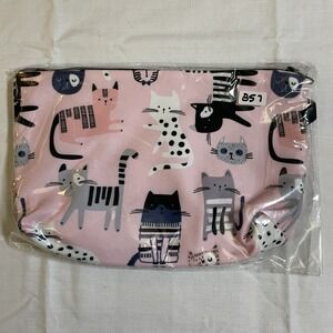 The Pouch Cosmetic Bag Women Small Pink NWT Cat Print Zipper Travel Pouch 8x5